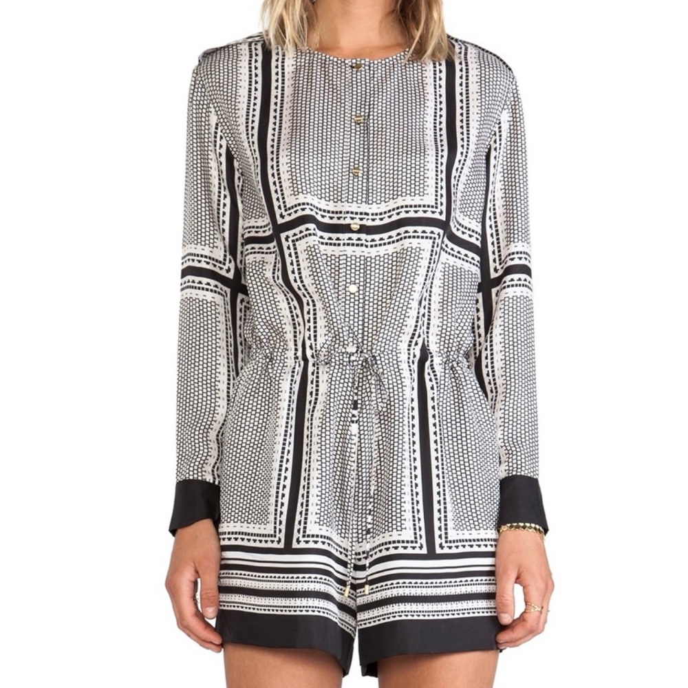 Rachel Zoe Phoebe Long Sleeve Silk Romper in Black + White Geometric Print